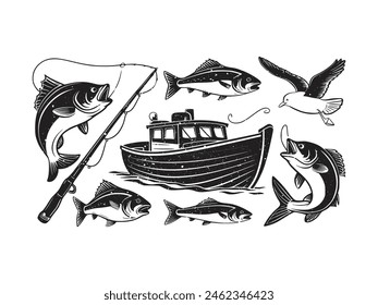 Una silueta negra de un arte de Clip de Vector de pescado. Elemento de diseño para logotipo, bote, anzuelo, caña de pescar. Ilustración vectorial de pescado. Plantilla de Vector para la pesca.