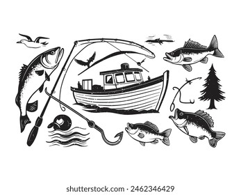A black silhouette of a fish vector clip art. Design element for logo, boat, fishing hook, Fishing rod. Fish vector illustration. Vector template for Fishing.
