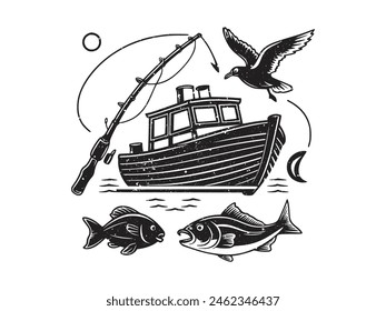 A black silhouette of a fish vector clip art. Design element for logo, boat, fishing hook, Fishing rod. Fish vector illustration. Vector template for Fishing.