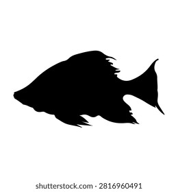 A black silhouette of a fish viewed from the side, showcasing its fins, tail, and streamlined body shape, ideal for aquatic or marine themes.