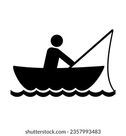 Black silhouette of fisherman catching fish in boat isolated on white. Summer activities cartoon illustration. Summer, beach holidays concept. Simple black and white vector