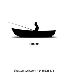 Black silhouette of a fisherman sitting in a boat and fishing with a rod. Vector illustration isolated on white background. Fisherman profile side view, logo icon.