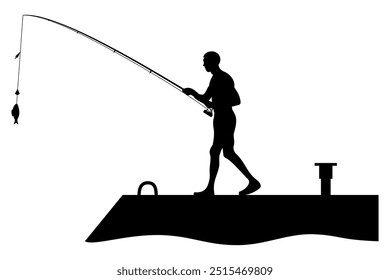 Black silhouette of fisherman standing on pier caughted a fish