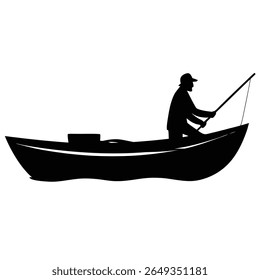 Uma silhueta preta de um pescador usando um chapéu fica em um barco, segurando uma vara de pesca e lançando-a na água.