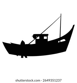 Uma silhueta preta de um barco de pesca com uma cabine e mastro está contra um fundo branco plano.