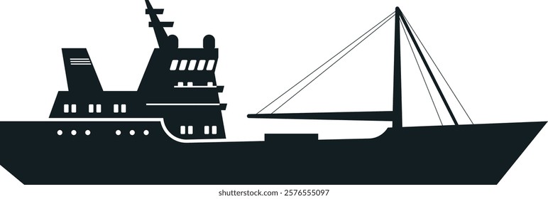 Black silhouette of a fishing boat gliding across the sea, equipped with fishing gear and ready for a productive day on the water, capturing the essence of maritime industry