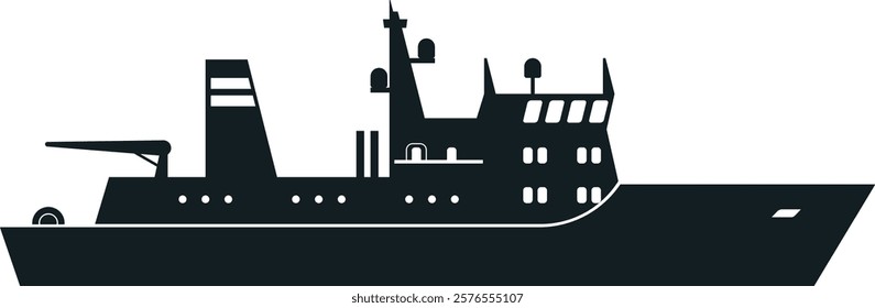 Black silhouette of a fishing boat sailing gracefully on the sea, captured in a side view against a clean white background, emphasizing its maritime essence and design simplicity