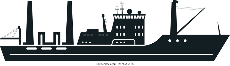 Black silhouette of a fishing boat sailing on the sea, minimalist vector illustration of a maritime vessel with bridge, crane, smokestack and antenna isolated on white background