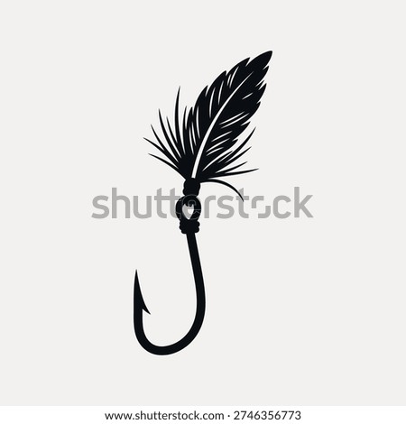 Black silhouette of a fishing hook adorned with a detailed feather and tied with a knot against a light background