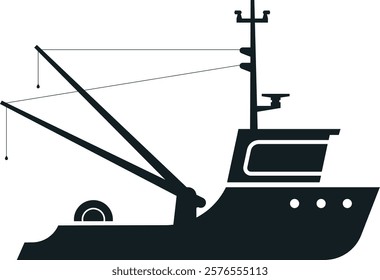 Black silhouette of a fishing trawler with rigging, winch, and radar, isolated on a white background, representing commercial fishing and maritime industries