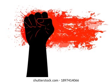 Black silhouette of a fist on a red grunge trace with scratches and watercolor splashes. Demonstrations, manifestos and parades. Freedom for people. Vector object for posters, banners and your design