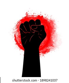 Black silhouette of a fist on a red grunge circle with watercolor splashes. Demonstrations, manifestos and parades. Freedom for people. Vector object for posters, banners and your design