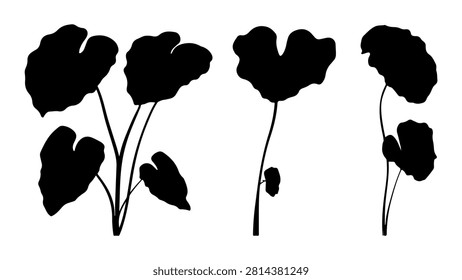 A black silhouette of five distinct flower plants with varying shapes and sizes, isolated on a white background, showcasing botanical diversity.