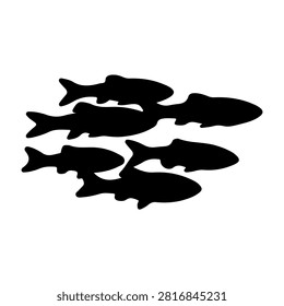 A black silhouette of five fish swimming in unison, showcasing aquatic life and marine environment in a simple, minimalistic style.