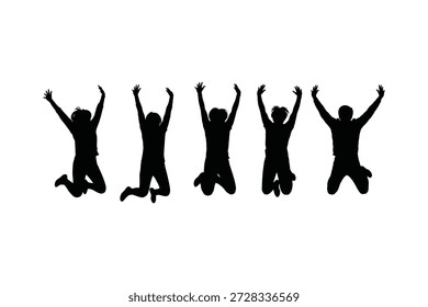 A black silhouette of five people jumping in the air with their arms raised in a row on a white background