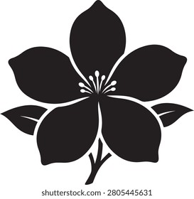 Black silhouette of a five petal flower with detailed stamen and leaves isolated on a white background, for botanical projects