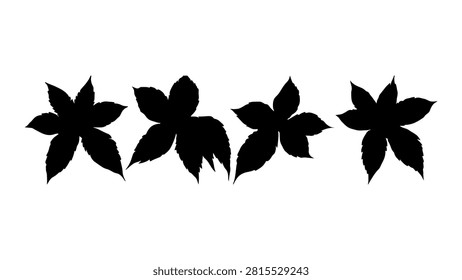 Black silhouette of five stylized flower shapes arranged in a horizontal line, isolated on a white background, emphasizing symmetry and design.