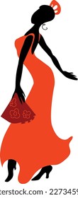 Black silhouette of flamenco dancer in red dress with fan