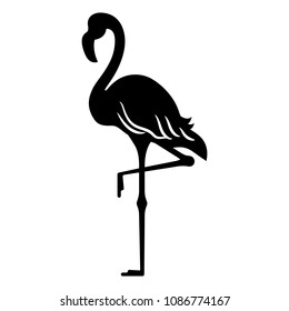 Black silhouette of a flamingo bird, standing on one leg, isolated.