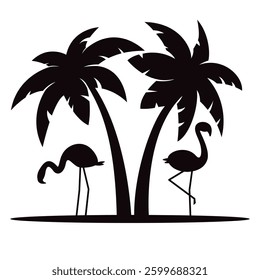 black silhouette of flamingo and palm trees