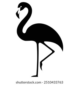 Schwarze Silhouette eines Flamingos, der anmutig auf einem Bein steht. Kopf und Schnabel sind nach unten gewölbt, wodurch ein elegantes und minimalistisches Design entsteht. Perfekt für Logos oder dekorative Zwecke