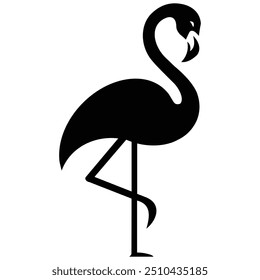 Black silhouette of a flamingo standing gracefully on one leg. Its neck is elegantly curved, creating a striking and minimalist design. The simplicity highlights the flamingo’s unique shape and poise