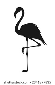 Black silhouette of flamingo standing on one leg isolated on white background. Vector illustration