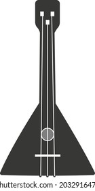 Black silhouette of a flat balalaika with strings. Vector illustration of a handmade balalaika. A musical three-stringed plucked instrument. The image is isolated on a white background.