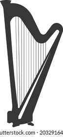 Black silhouette of a flat harp with strings. Vector illustration of handmade scarves. A musical stringed plucked instrument. The image is isolated on a white background.