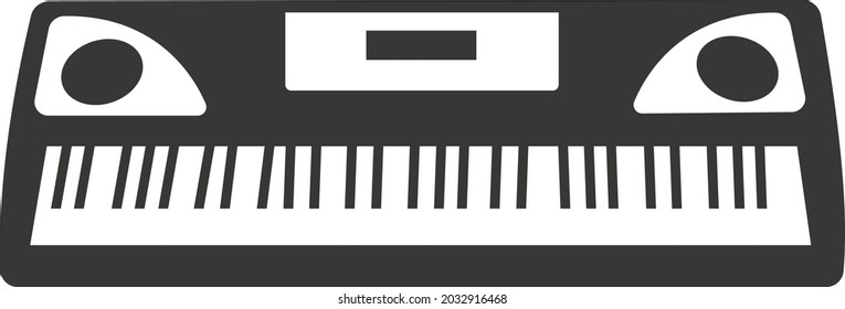 A black silhouette of a flat synthesizer with keys. Vector illustration of a handmade synthesizer. A musical keyboard instrument. The image is isolated on a white background.