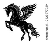 Black silhouette of flaying Pegasus with outline thick view