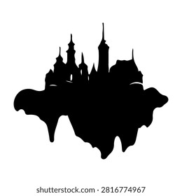A black silhouette of a floating island featuring a castle, towers, and spires, set against a white background, emphasizing fantasy and imagination.