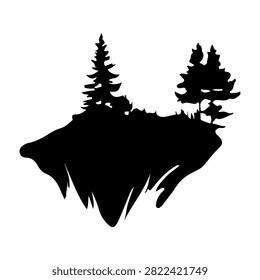 A black silhouette of a floating island featuring trees and a rugged cliff edge, isolated on a white background, emphasizing natural landscape elements.