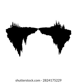 A black silhouette of a floating island featuring trees and a waterfall, set against a white background, emphasizing natural landscape and fantasy elements.