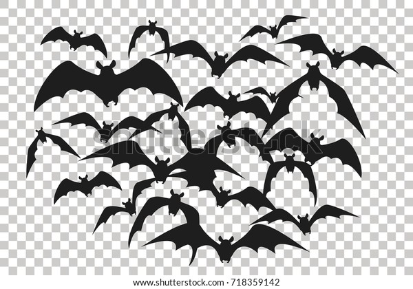 コウモリの群れの黒いシルエット 透明な背景にバットの束 ハロウィーンの伝統的なデザインエレメント ベクターイラスト のベクター画像素材 ロイヤリティフリー