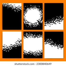 Black silhouette a flock of flying bats isolated on white background. Halloween traditional design element.