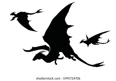 A black silhouette of a flock of horned dragons peacefully flying across the sky on their huge clawed wings, webbing on their tails to help in flight. 2d illustration