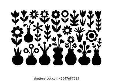 Preto silhueta arranjos florais e vasos de plantas vasos flores