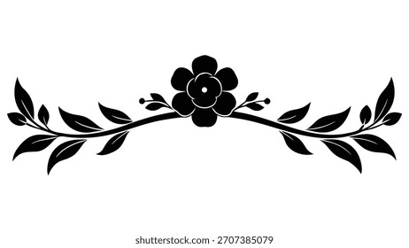 Silueta negra de un elemento de borde floral con un adorno floreciente de flores y hojas