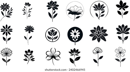Black silhouette floral icons, vector illustrations. Detailed, scalable artwork, Distinct flower types, petal shapes, arrangements. flower, stem, leaves, bloom. Circular frames encompassing designs. svg