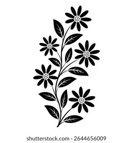 Ilustração floral de silhueta preta contra fundo branco apresenta cinco margaridas estilizadas em um único tronco com folhas. Design monocromático com formas simples.