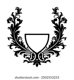 Black silhouette of floral shield with heraldic elements in black on a white background