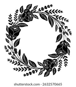 Black Silhouette of floral wreath with rose, wildflowers, leaves. Flat vector illustration isolated on white background. Botanical element for invitations, cards, logos, spring, summer design projects