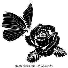 black silhouette of Flower and butterflie. Sketch tattoo. Vector illustration.