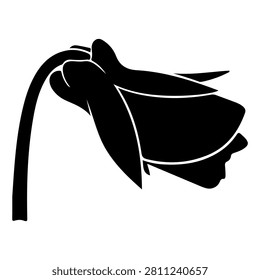 A black silhouette of a flower with a curved stem and drooping petals, emphasizing simplicity and elegance in minimalistic design.