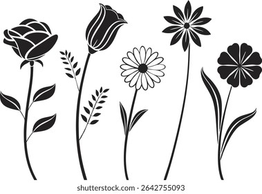 Black Silhouette Flower Icons for Minimal Floral Designs. Elegant Floral Icon Set in Black Silhouette Style. Decorative Black Flower Symbols in Silhouette Form. Simple Black Silhouette Floral Icons