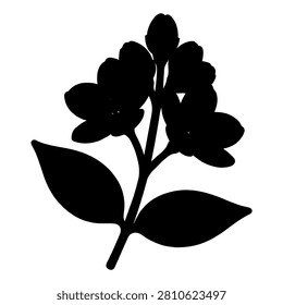 A black silhouette of a flower with a leaf, showcasing natural botanical shape and structure on a plain white background.