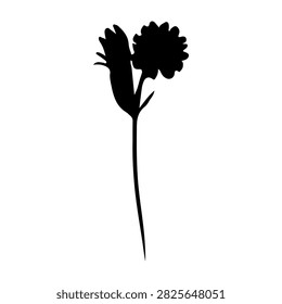 A black silhouette of a flower with a leaf and stem, isolated on a plain background, emphasizing shape and form in minimalistic style.