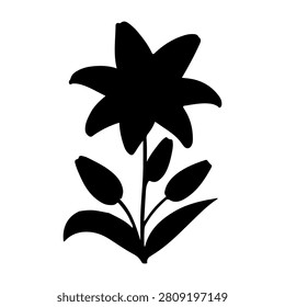 Black silhouette of a flower with a leafy stem on a white background, emphasizing natural botanical shapes and plant structure.
