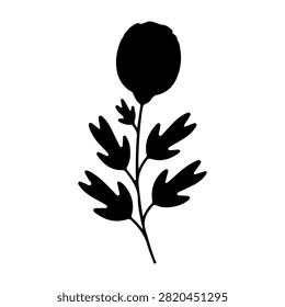 A black silhouette of a flower with a leafy stem, showcasing natural botanical shape and structure against a plain background.